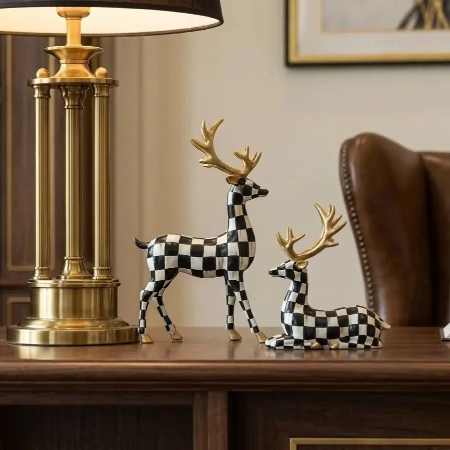 Black-and-White Checkered Deer Sculpture Christmas Home Decor, Fireplace or Living Room Table Ornament, Holiday Gift