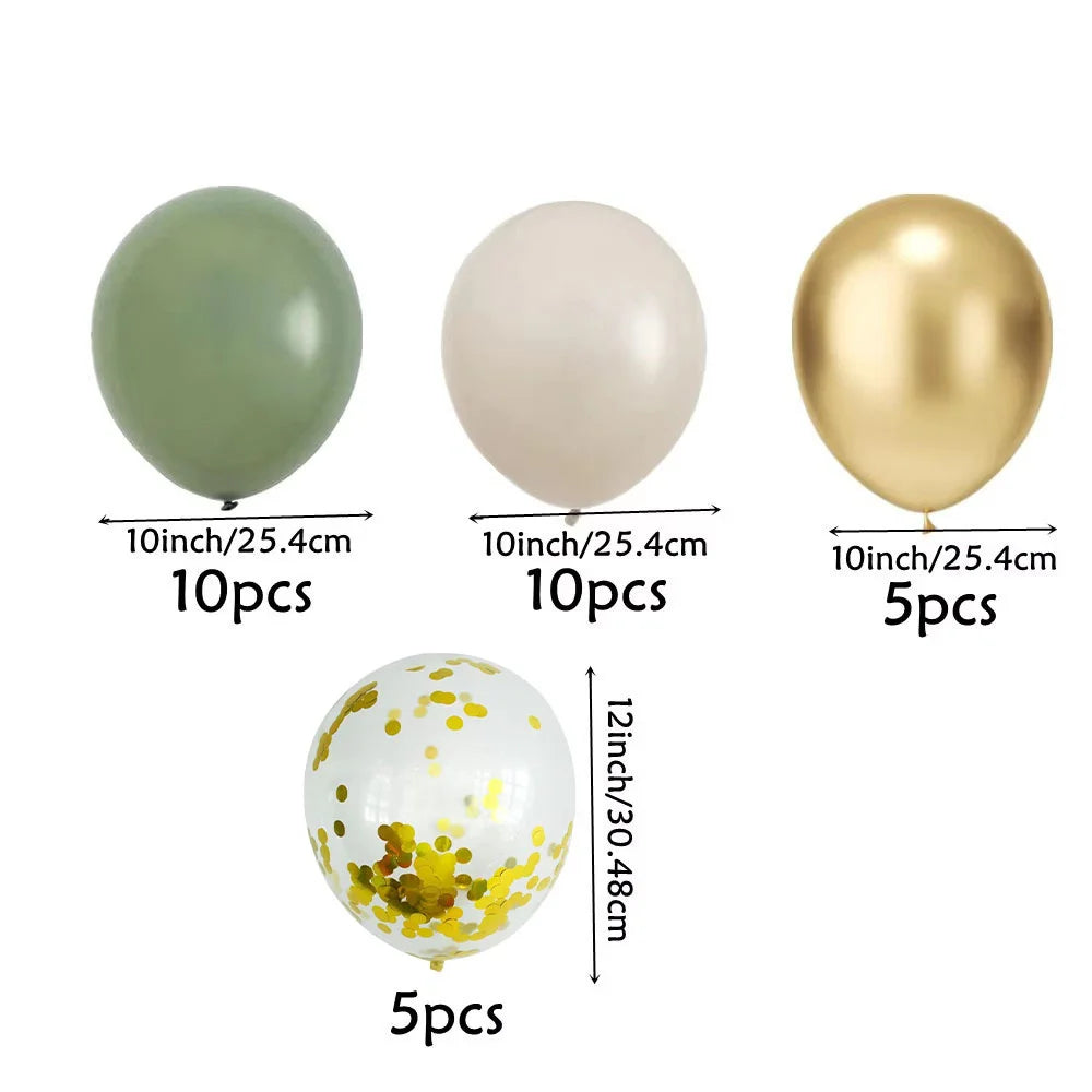 Set of 30 latex party balloons, sage green and gold
