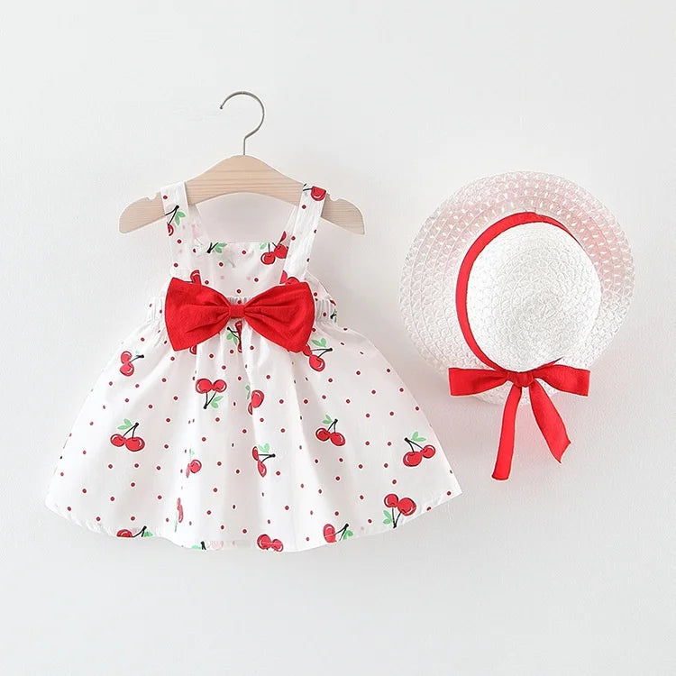 Sommerkleid für Baby-Mädchen aus Baumwolle mit Schleife, Kirsch-Polka-Dots und Trägern, niedliches, lässiges Strandkleid, Baby-Mädchen-Kleidung