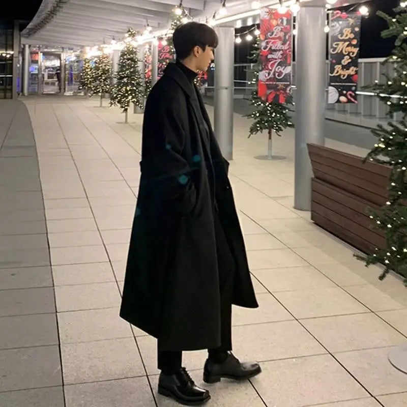 Men Oversized Lapel Long Wool Blend Coat,Loose Open Front Maxi Trench Overcoat,Streetwear Casual Solid Black Long Outerwear