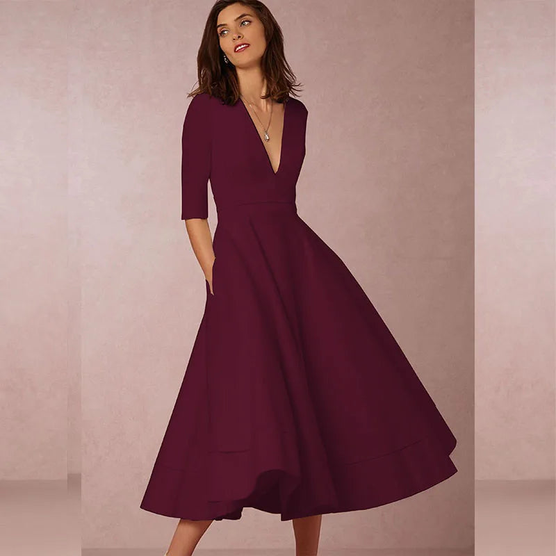 Abito midi da donna con scollo a V e spacco
