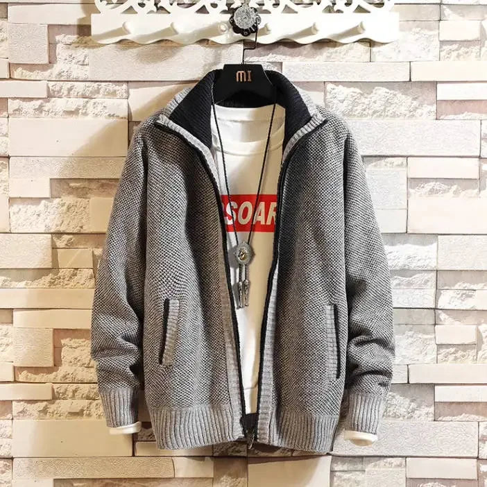 Autumn New Men's Trendy Cardigan Fleece Thicken Solid Casual Loose Sweater Men's Stand-up Collar Knitting Sweater Cardigans