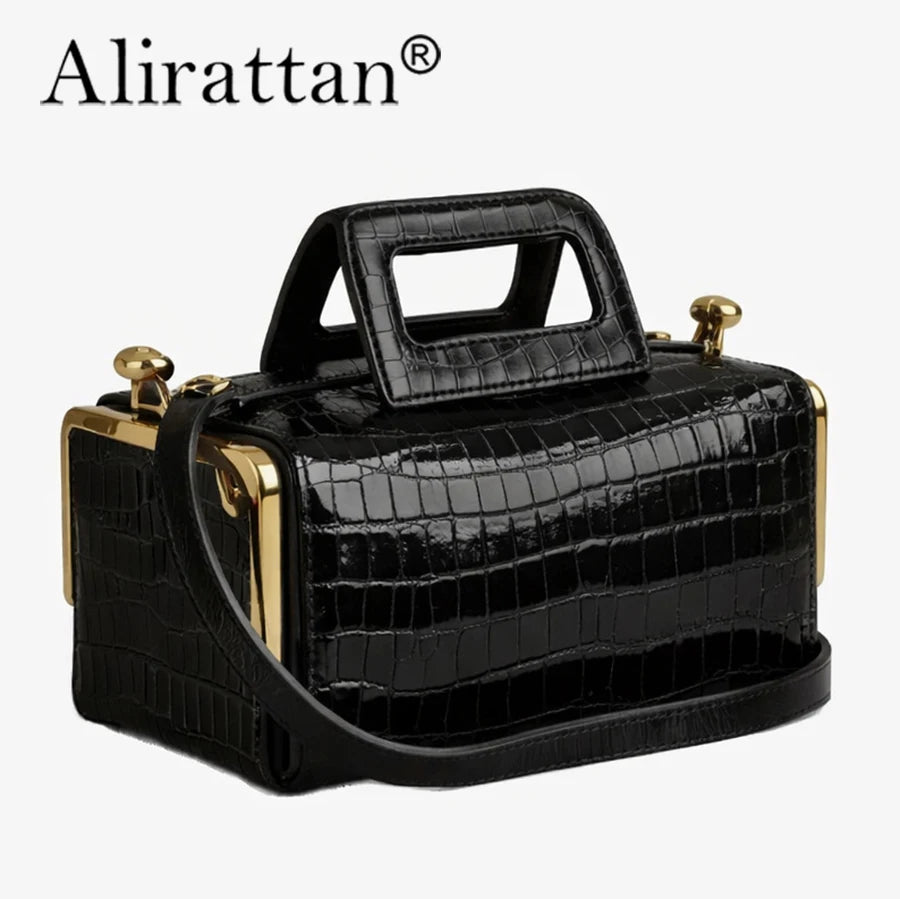 Alirattan 2026 New Arrival Women Black Retro Handle Handbag, Luxury Designer Gold Hardware Structured Shoulder Crossbody Bag