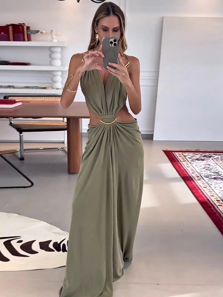 Abito lungo da donna senza maniche con scollo a V