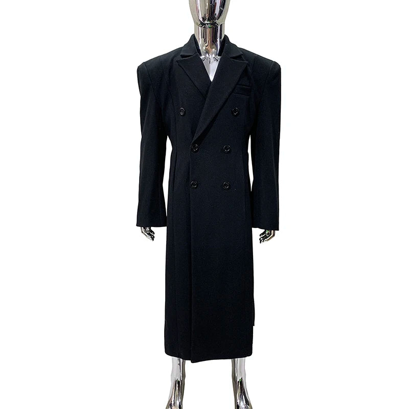 Autumn Winter Long Warm Thick Fitted Black Wool Blends Coat Men with Double Side Slit Shoulder Pads Luxury Woolen Overcoat 2025