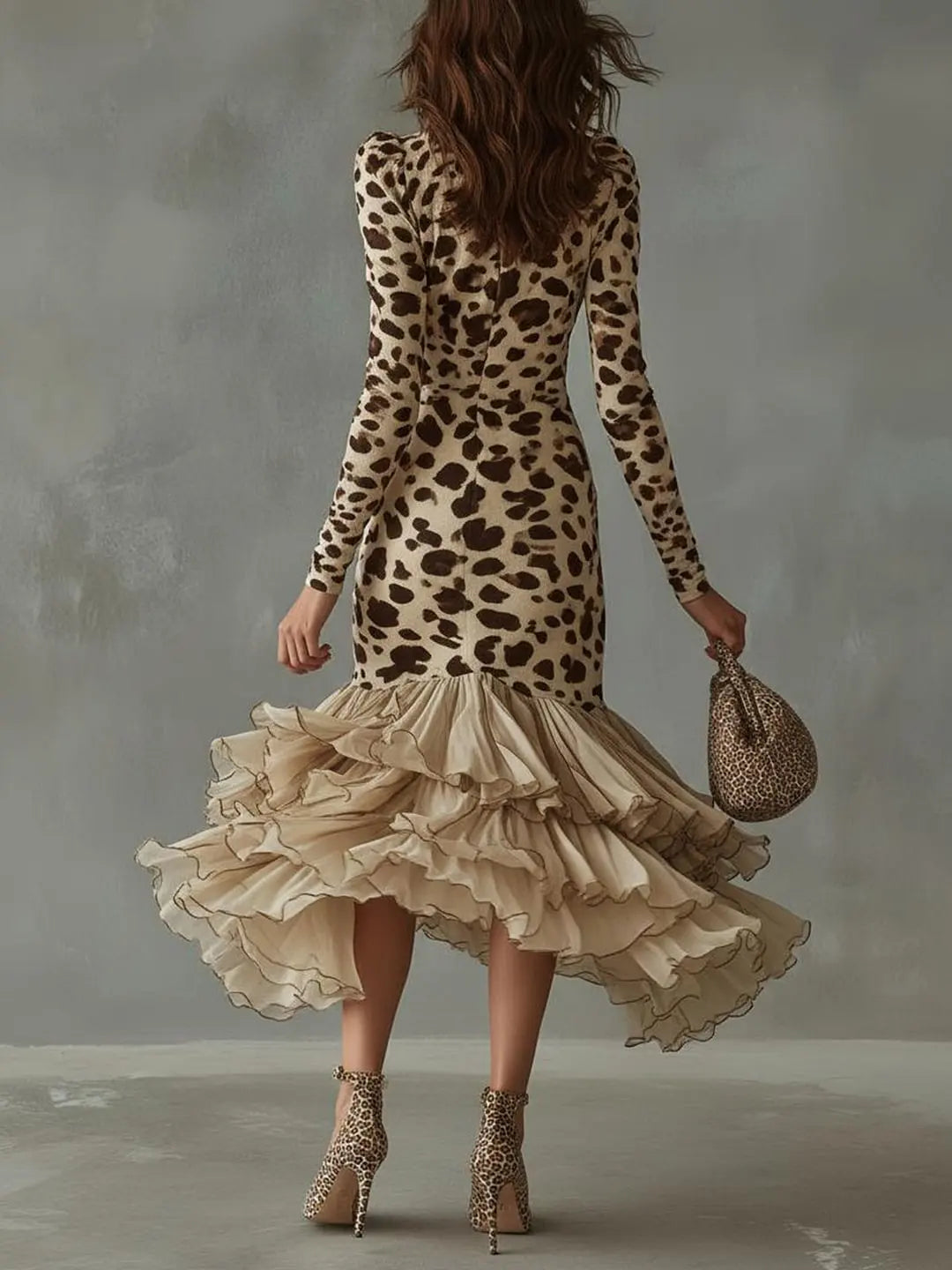 Abito midi leopardato con volant e scollo a V