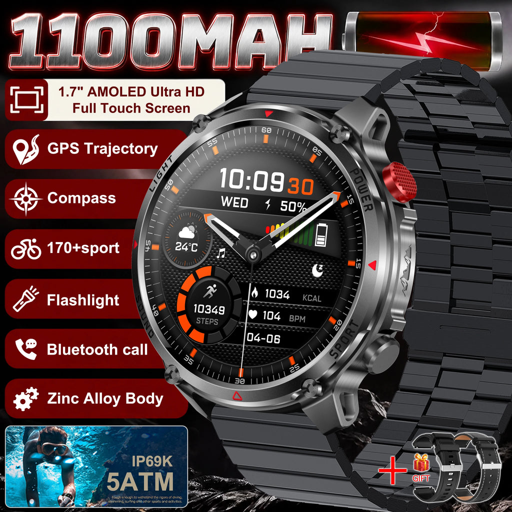 2026 New Military T-Rex 3 Pro 1100mAh Battery Smart Watch Men 5ATM Waterproof Swim GPS Path 1.7"AMOLED HD Call Sports Smartwatch