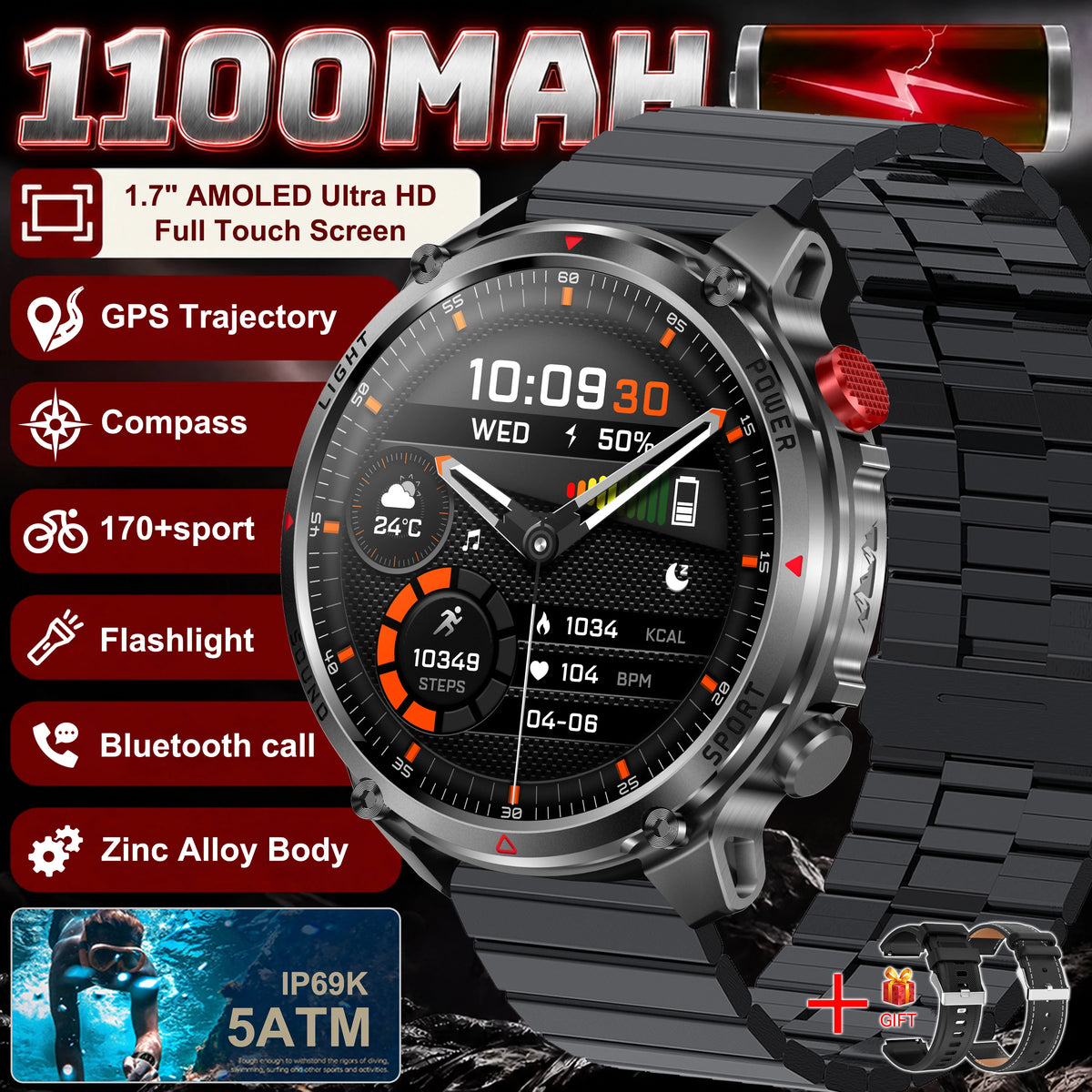 2026 New Military T-Rex 3 Pro 1100mAh Battery Smart Watch Men 5ATM Waterproof Swim GPS Path 1.7"AMOLED HD Call Sports Smartwatch
