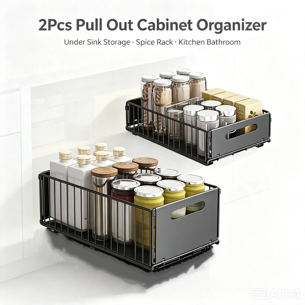 2-Layer Pull-Out Storage Rack, Multifunctional Sliding Kitchen Storage Rack, Drawer Organizer for Kitchen and Bathroom, Essential Drawer Cookware Storage