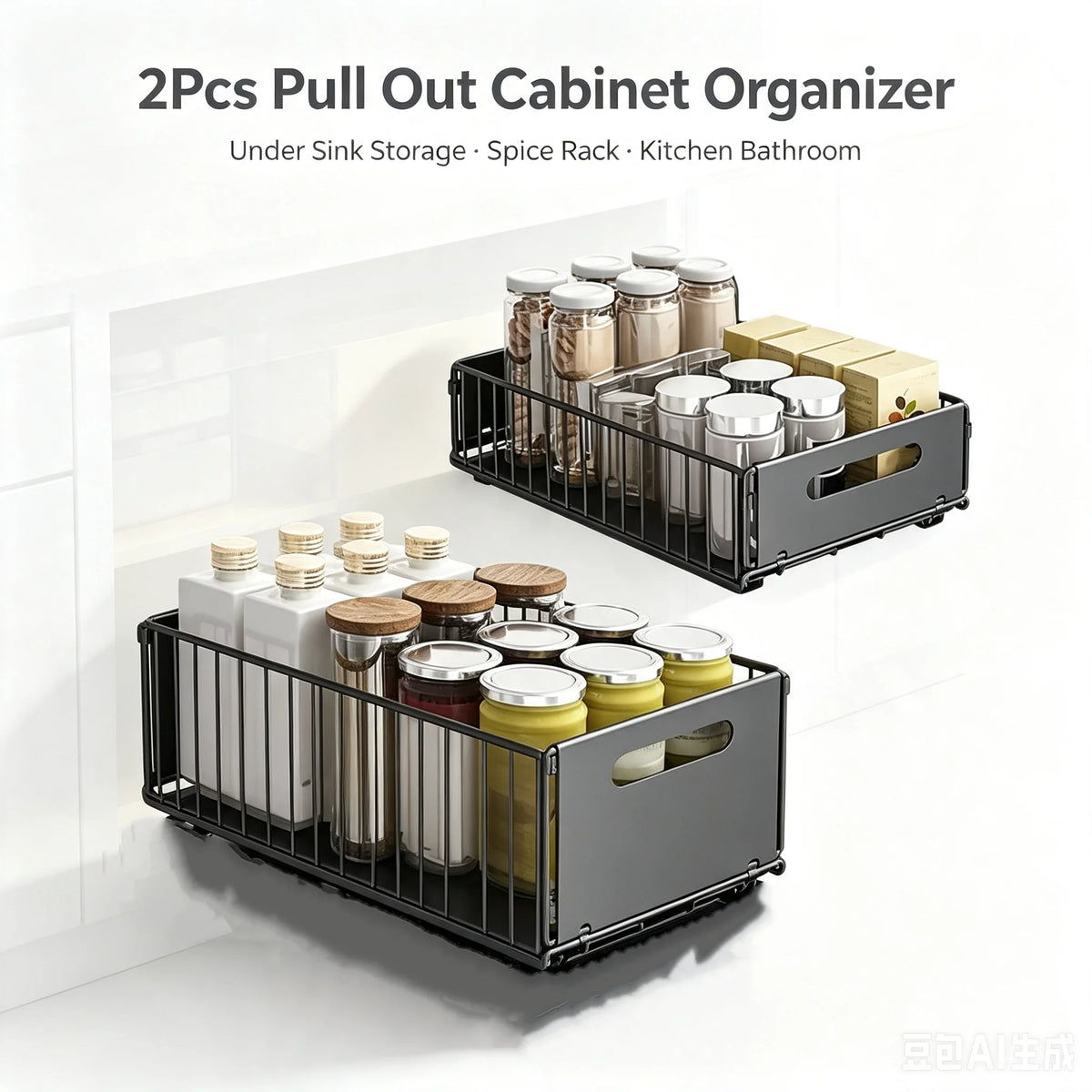 2-Layer Pull-Out Storage Rack, Multifunctional Sliding Kitchen Storage Rack, Drawer Organizer for Kitchen and Bathroom, Essential Drawer Cookware Storage