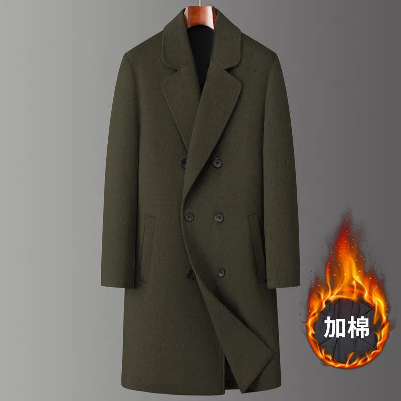 2024 Winter New Men's Medium to Long Woolen Coat with Thick Velvet and Warm Double Breasted Casual Coat