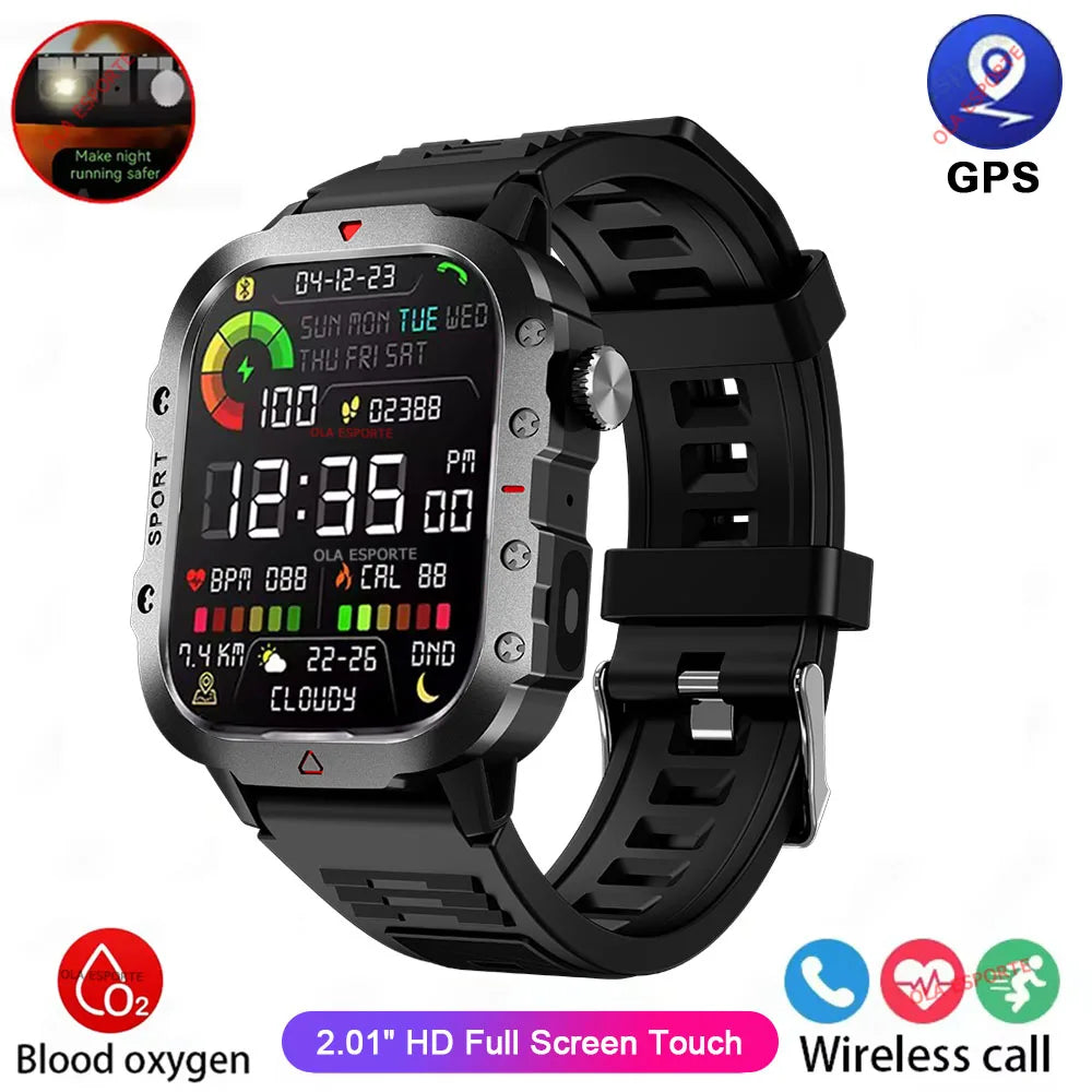 2026 Military Outdoor Smart Watch Men's GPS Flashlight Bluetooth Call 2.01" AMOLED Screen 3ATM Waterproof Sports Smartwatch Ht30