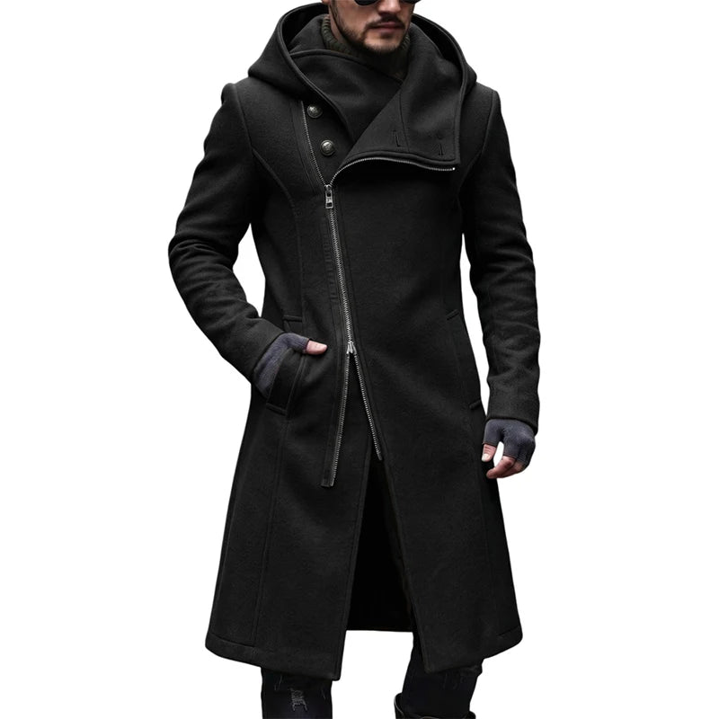 Men Hooded Wool Blend Coat Asymmetric Zip Autumn Winter Warm Long Overcoat Stylish Mens Outerwear Jacket Chic Streetwear M-2XL
