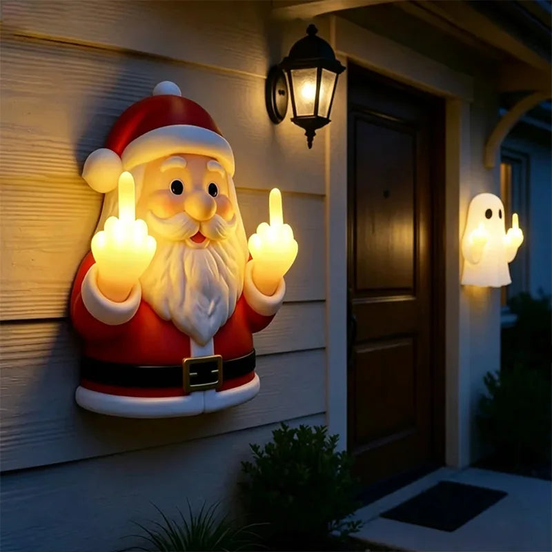 Christmas Santa Claus Middle Finger LED Night Light Glowing Night Light Resin Spooky For Porch Bedroom Holiday DIY Decoration