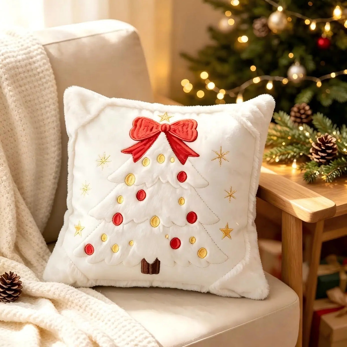 3D Christmas Tree Throw Pillow Covers Faux Plush Embroidered Xmas Tree Pattern Cushion Covers Sofa Couch Home Decor