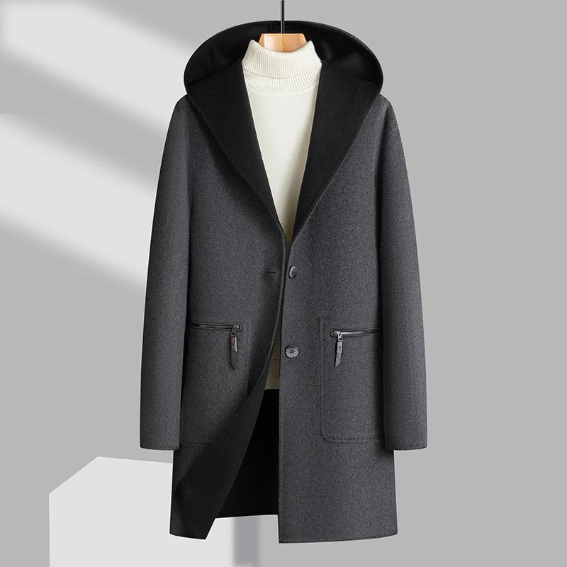 Double Sided Wearable Overcoat Men's Mid-Length Hooded Two Buttons Woolen Coat High Streetwear Loose 70% Wool Windbreaker Jacket