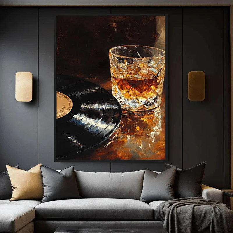 Whiskey und Schallplatte – stimmungsvolles Bar-Poster für Musikliebhaber, Leinwanddruck und Wandbild zur Inneneinrichtung