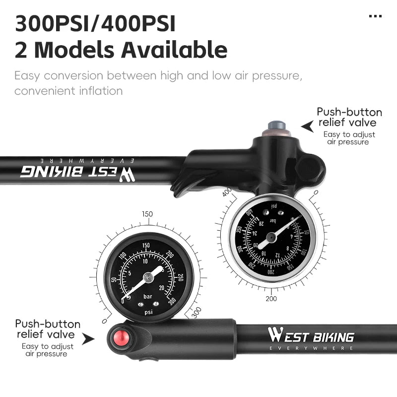 WEST BIKING Bomba para bicicleta de 300/400 PSI de alta presión para horquilla delantera, portátil, con válvula Schrader, accesorios para bicicleta