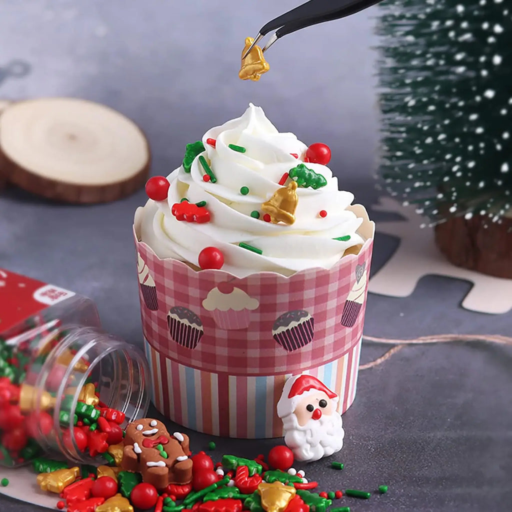 Mezcla de chispas navideñas, árbol de Navidad, Papá Noel, fideos de azúcar navideños, chispas rojas y verdes para decorar galletas