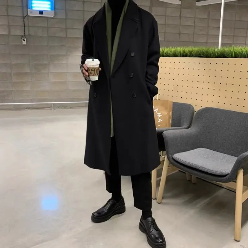 Men Oversized Lapel Long Wool Blend Coat,Loose Open Front Maxi Trench Overcoat,Streetwear Casual Solid Black Long Outerwear