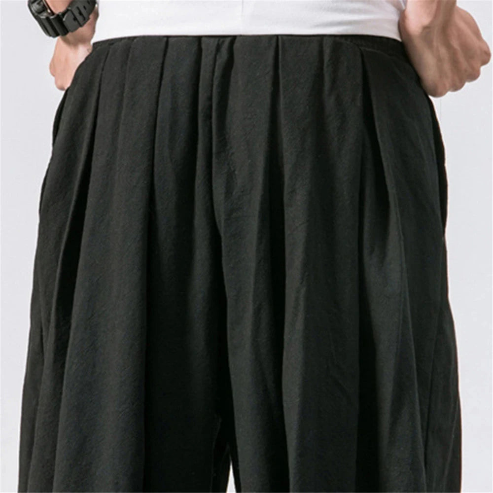 Men's Harem Pants Wid Leg Cotton Linen Trousers Spring Autumn Quality Men Casual Baggy Loose Oversized Pants Streewear