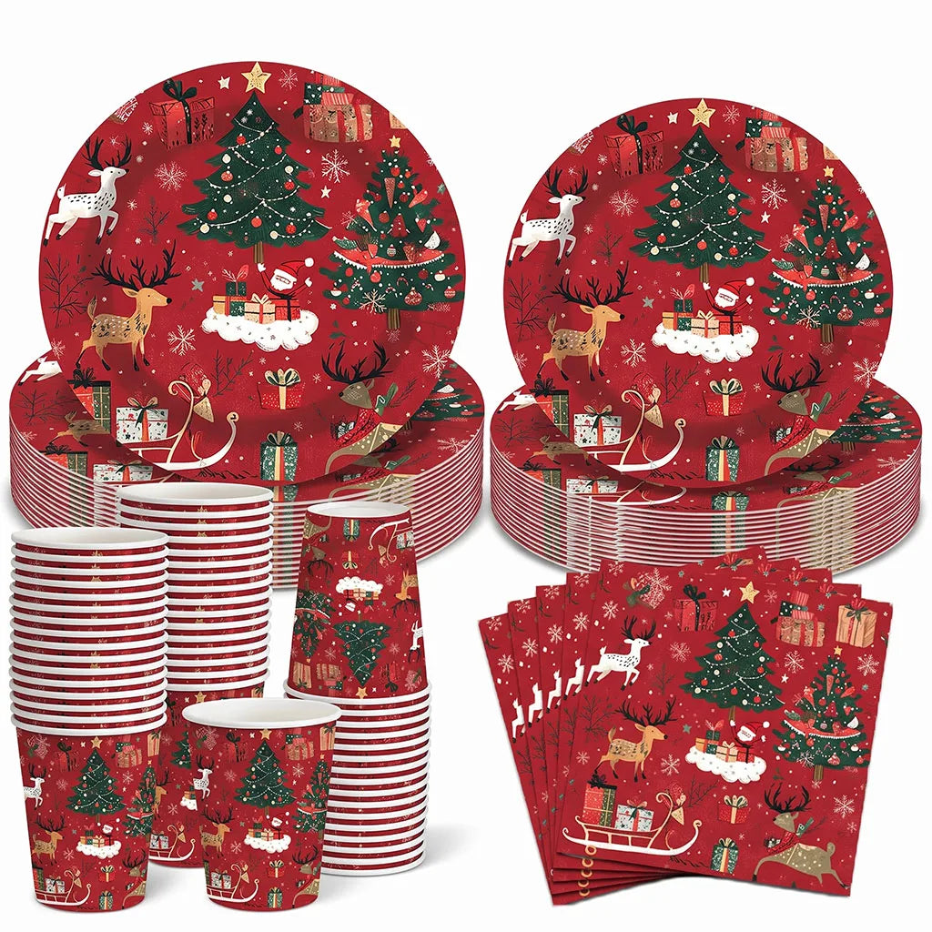 Christmas Decorations Party Tableware Set Reindeer Tree Themed Disposable Paper Plates Cups Napkins New Year Holiday Supplies