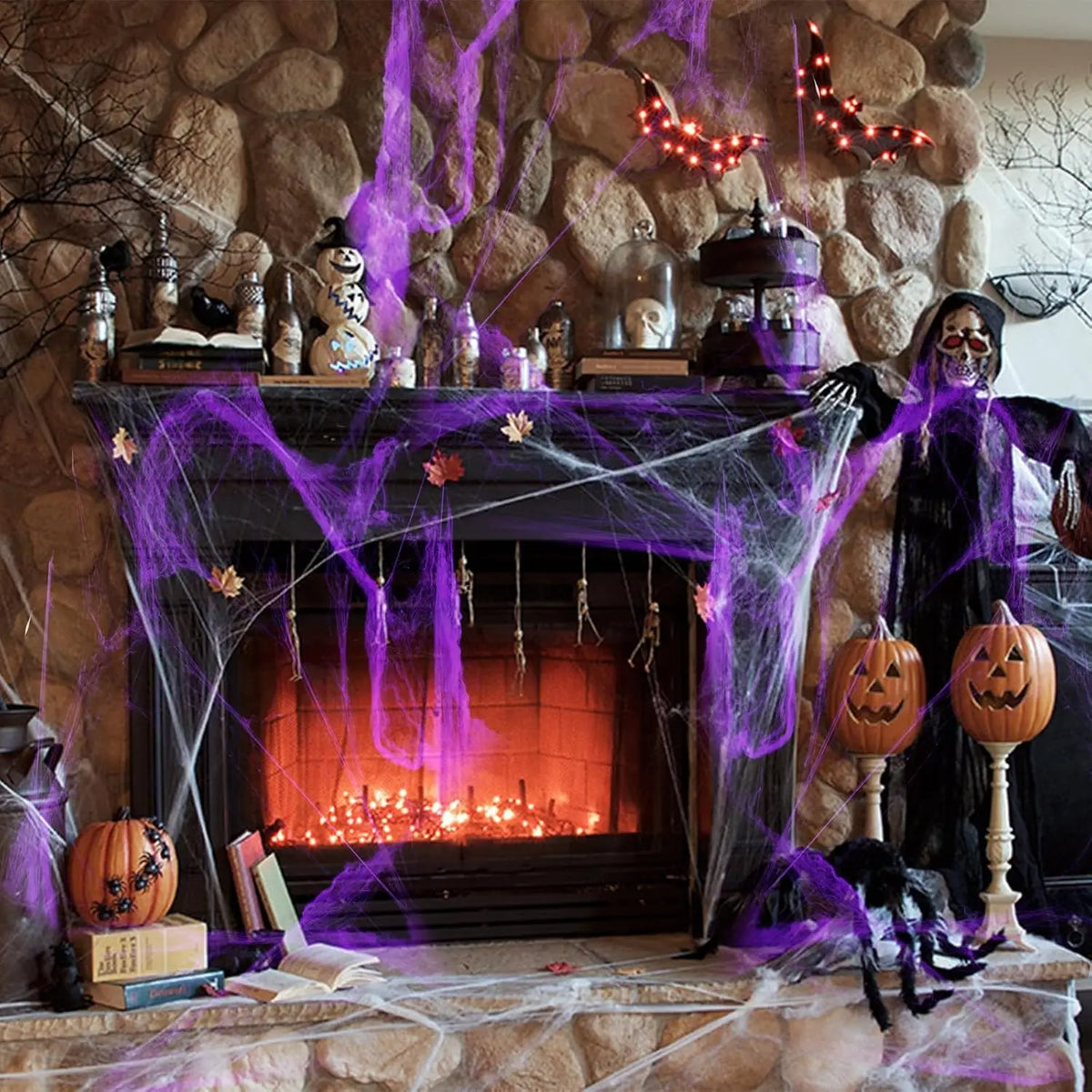 Künstliche Spinnweben für Großhandel Halloween DIY Spukhaus dehnbare Spinnenweben mit künstlichen Spinnen Innen Außen Garten Party Deko