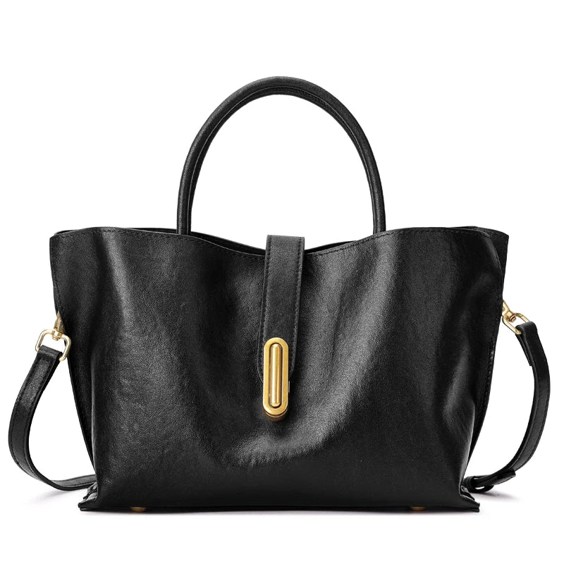 New Women's Genuine Cowhide Leather Large Capacity Top Handle Handbag Trapezoid Satchel Commute Ladies Elegant 2026 Tote Purse