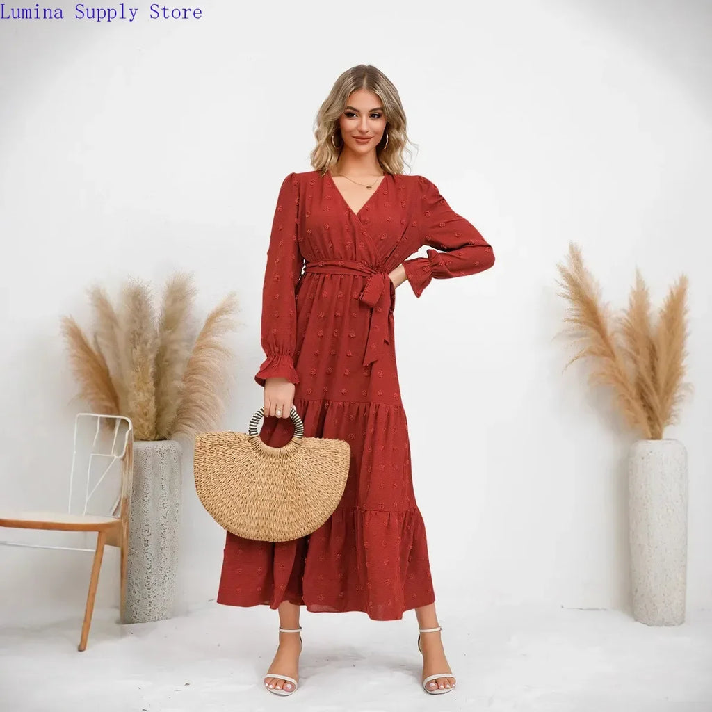 Abito lungo da donna con scollo a V e maniche lunghe