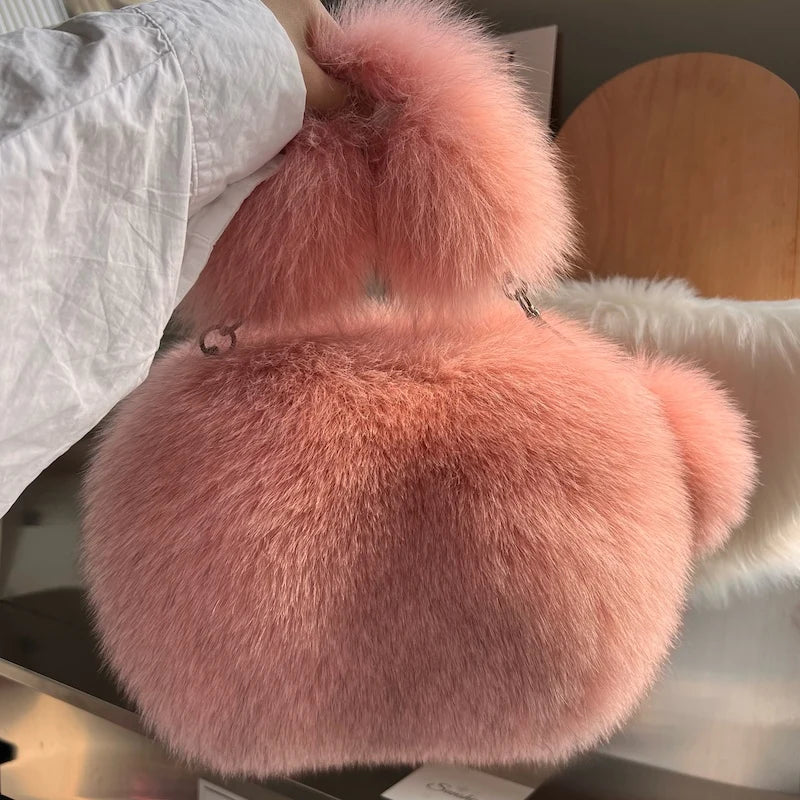 Real Fox Fur Small Square Bag Fashion Soft Plush Handbag Luxury Crossbody Shoulder Bag Fuzzy Fluffy Tote Bag For Women Purse
