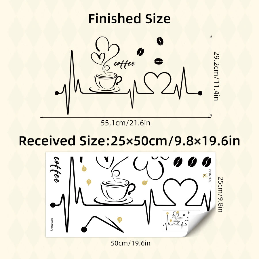1pcs PVC Removable Wall Stickers for Living Room Decor Bedroom Coffee Shop Love Coffee ECG Pattern Wall Decal Kitchen Decoration