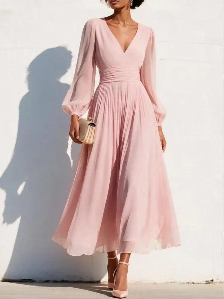 Abito midi da donna a maniche lunghe con scollo a V