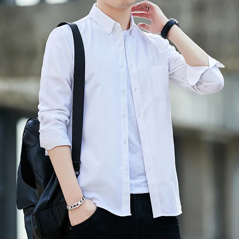 Autumn New Long Sleeve Solid Shirts for Men Casual Turn-down Collar Blouse Fashion Casual Business Slim Fit Shirts Button Tops