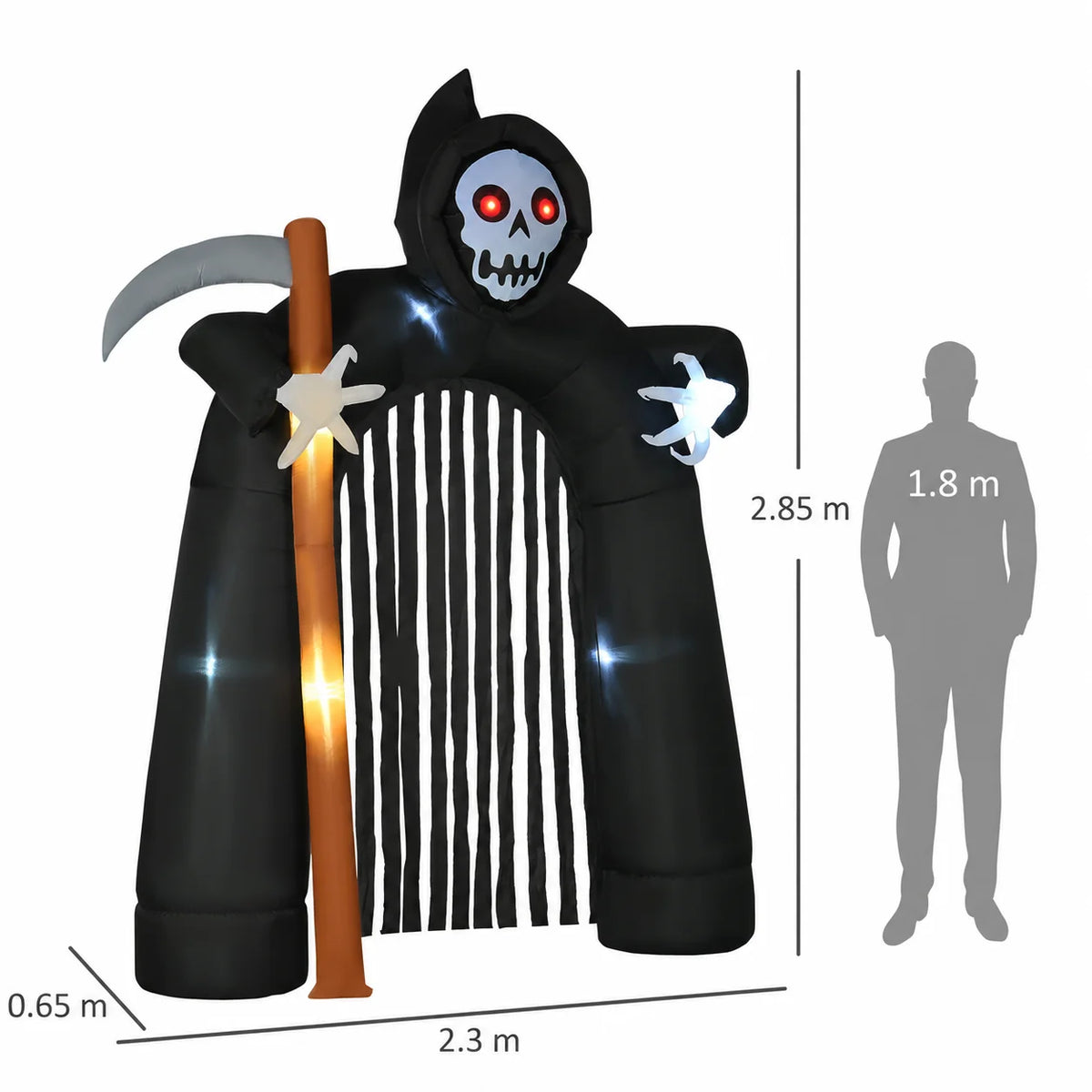 Halloween DIY-Deko 285 cm riesiger aufblasbarer Sensenmann-Torbogen mit leuchtend roten Augen und integrierten LED-Lichtern, wasserfeste, selbstaufblasende Dekoration für den Außenbereich, Garten und Eingangsbereich