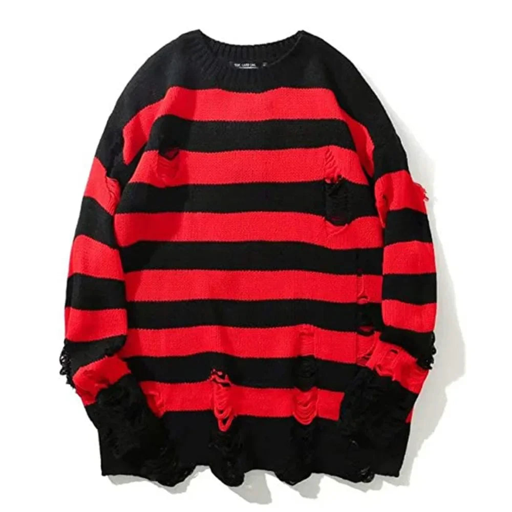 Autumn Winter Color Blocking Stripe Sweaters Destroyed Ripped Design Fashion Sweater Men's Pullover Knitwear Oversize Streetwear