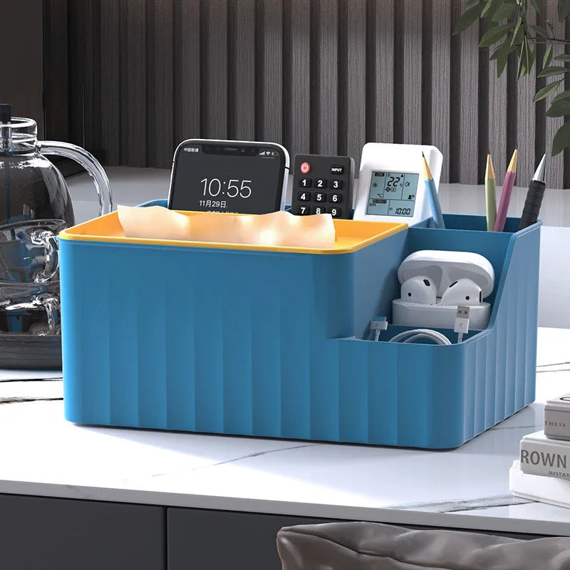 Organiseur de bureau à 6 compartiments - Boîte à mouchoirs multifonction avec porte-télécommande, rangement en plastique pour salon, cuisine et bureau
