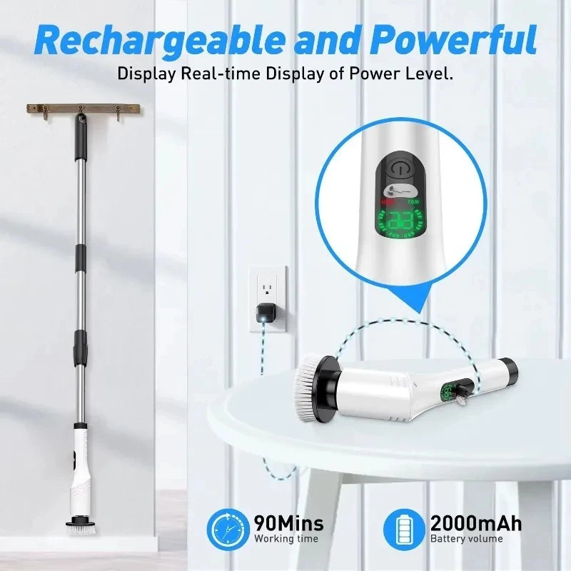 Multi-Purpose 9-in-1 Cordless Electric Power Scrubber, Bathroom Scrubber with 8 Brush Heads and Adjustable Extension Handle for Shower Cleaning