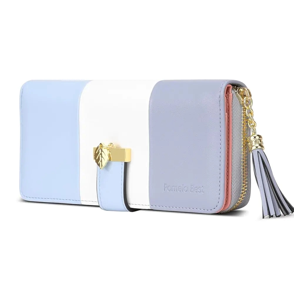 Pomelo Best 2026 Women RFID Wallet Color Block PU Clutch Multi Card Slots Phone Compartment Zipper Ladies Travel Coin Purse