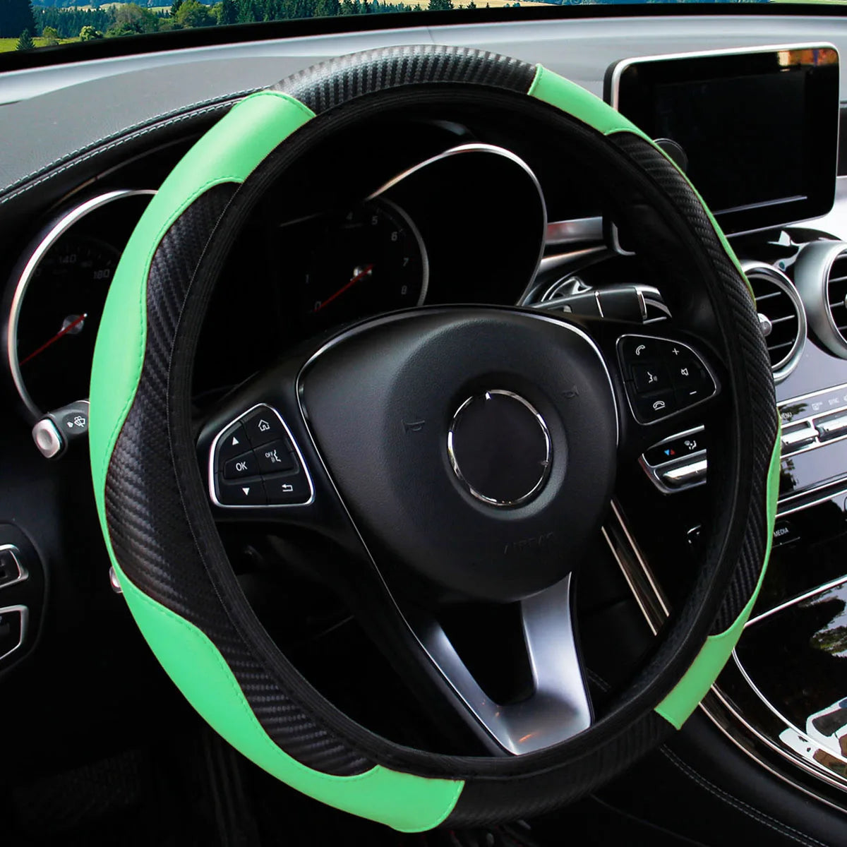 PU Carbon Fiber Leather Steering Wheel Cover Without Inner Ring, Suitable for 14.5–15-Inch Steering Wheels
