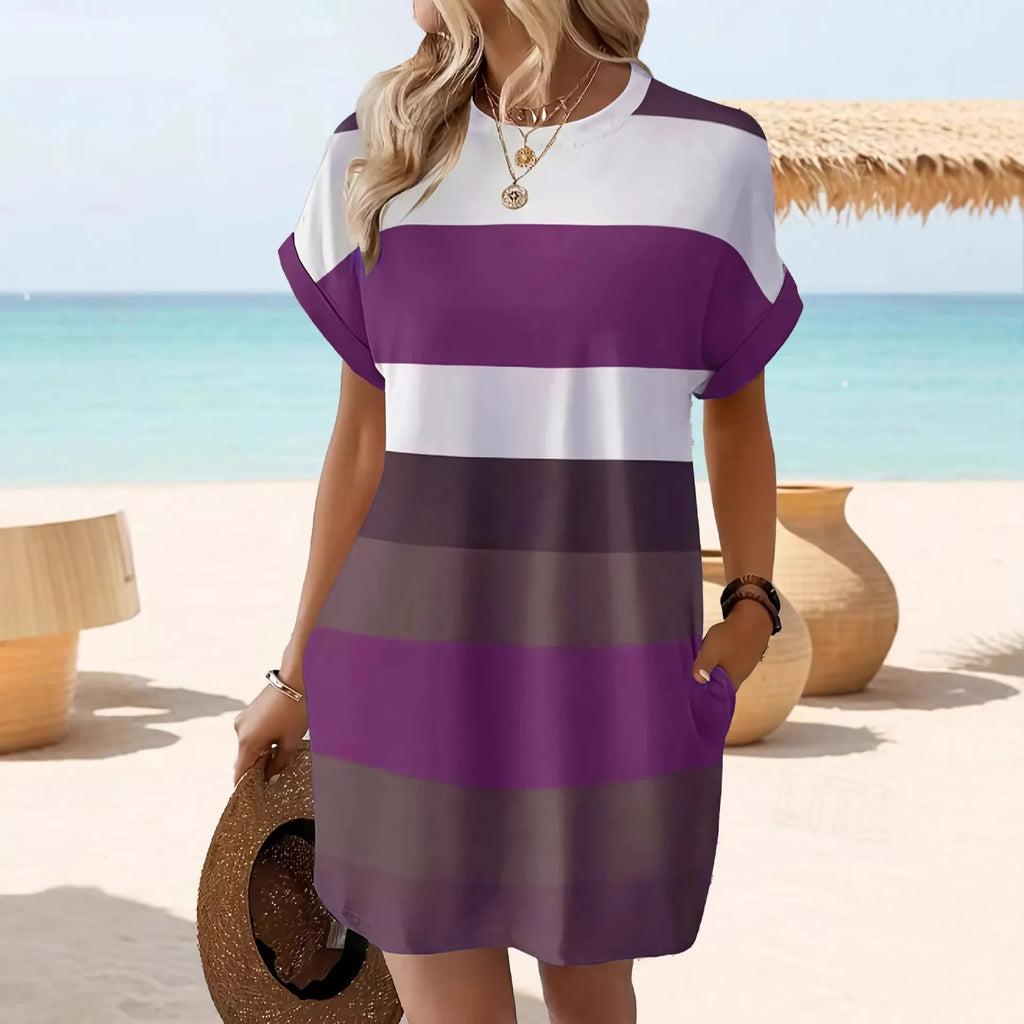 Striped Crew Neck Dress Elegant with Pockets Plaid Pullover Three Quarter Sleeve Commuter Chic Striped Women Summer Dress