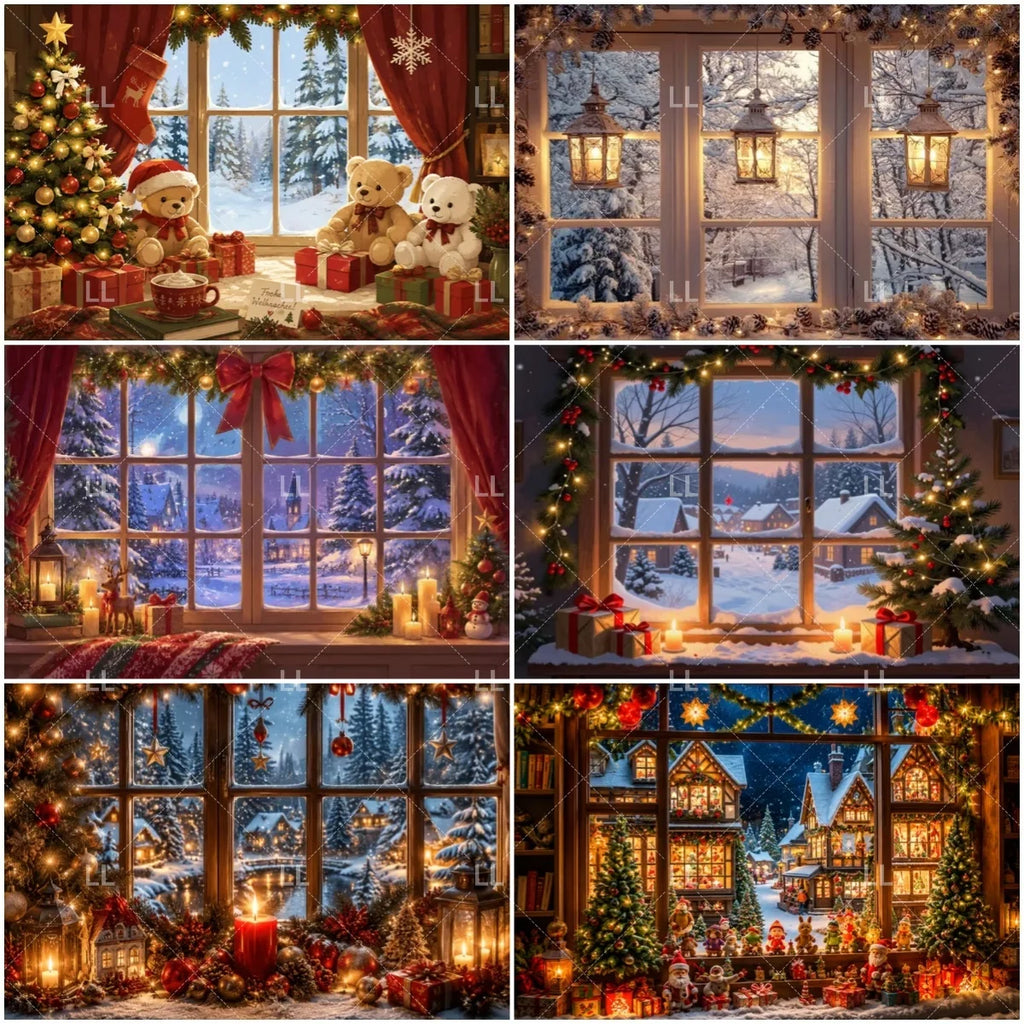 Winter Christmas Window Scenery Backdrop Snowy Forest Mountain Scene Photography Background Xmas Tree New Year Party Decoration