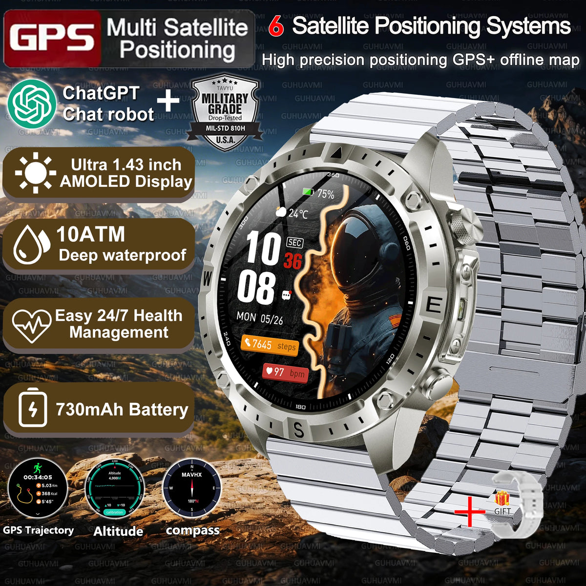 2026New Tank Grade Built in GPS SmartWatch Offline Map 10ATM Swim 2GB Music Compass Bluetooth Call Fitness Sports Smartwatch Men