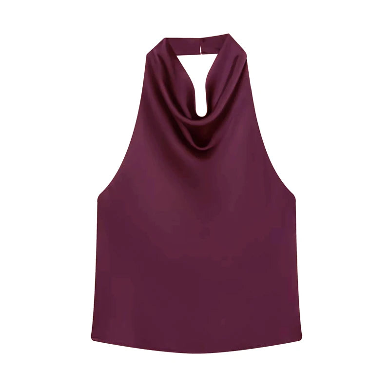 Top satinato da donna con scollo all'americana