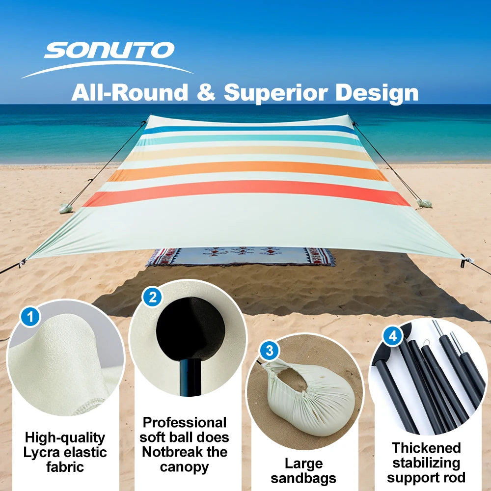 UPF50+ Lycra Beach Tent with Sandbag Anchors Portable Outdoor Sunshade Canopy for Camping Fishing Picnic Large Windproof Shelter