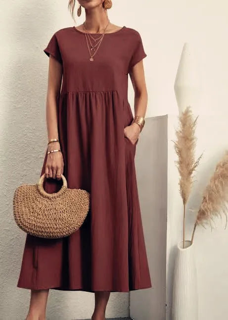 Abito midi da donna in cotone con scollo rotondo e linea morbida
