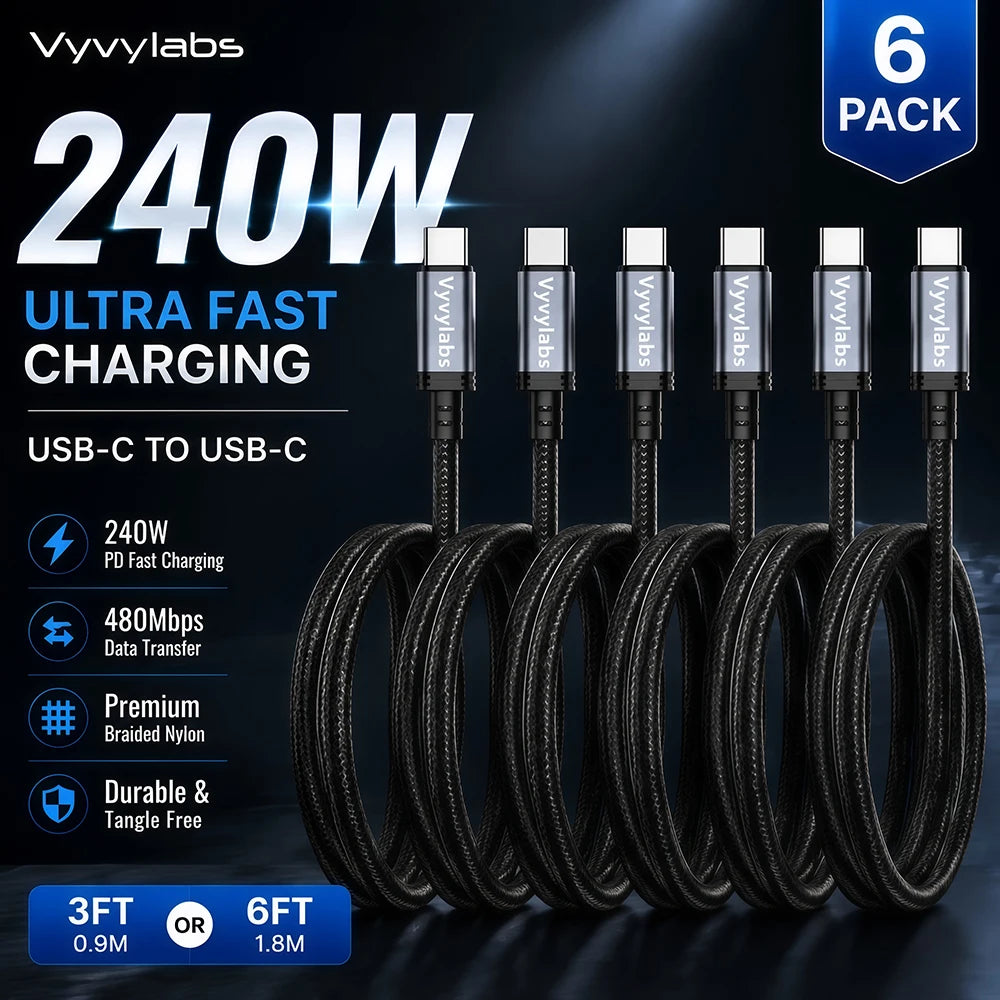 Vyvylabs 6Pack 240W Braided USB C to USB C Cable Fast Charging for iPhone 17 16 15 Pro Plus Max for Galaxy S25 S24 for iPad MacBook