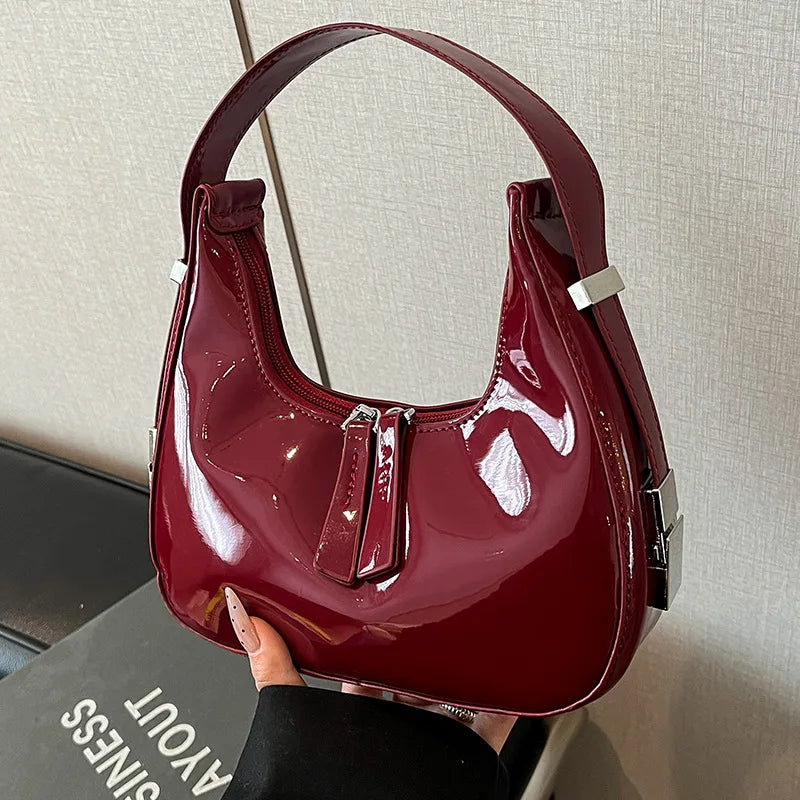 2026 New Patent Leather Hobo Bag for Women Shiny Minimalist Underarm Shoulder Bag Trendy Versatile Handbag Daily Commute Dating