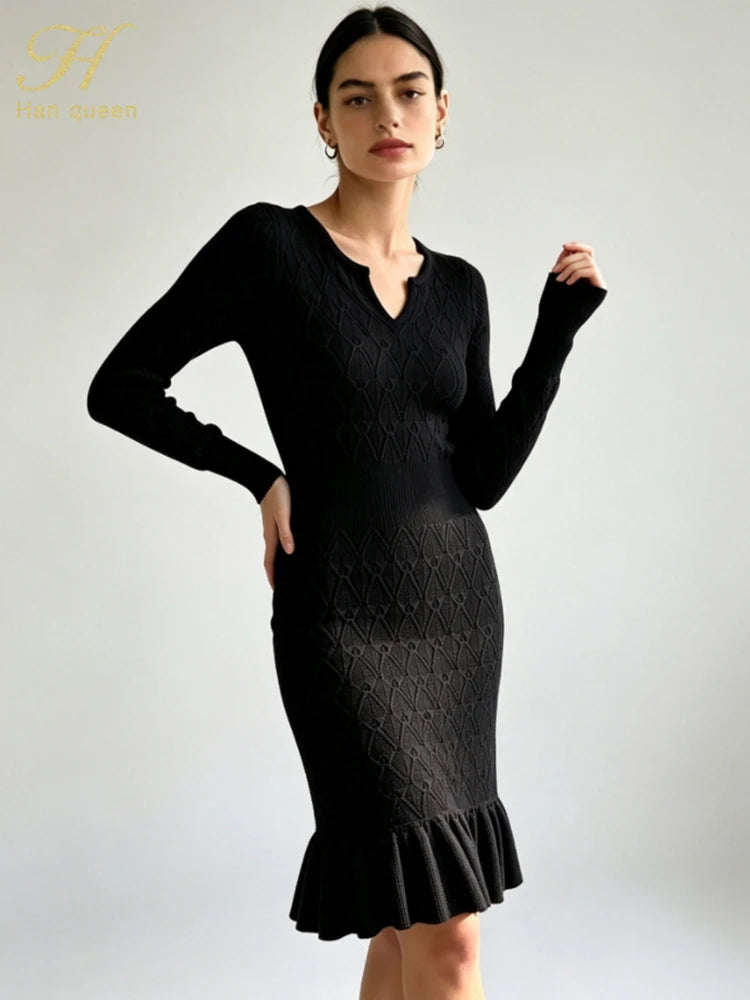 Abito in maglia a sirena con scollo a V e maniche lunghe