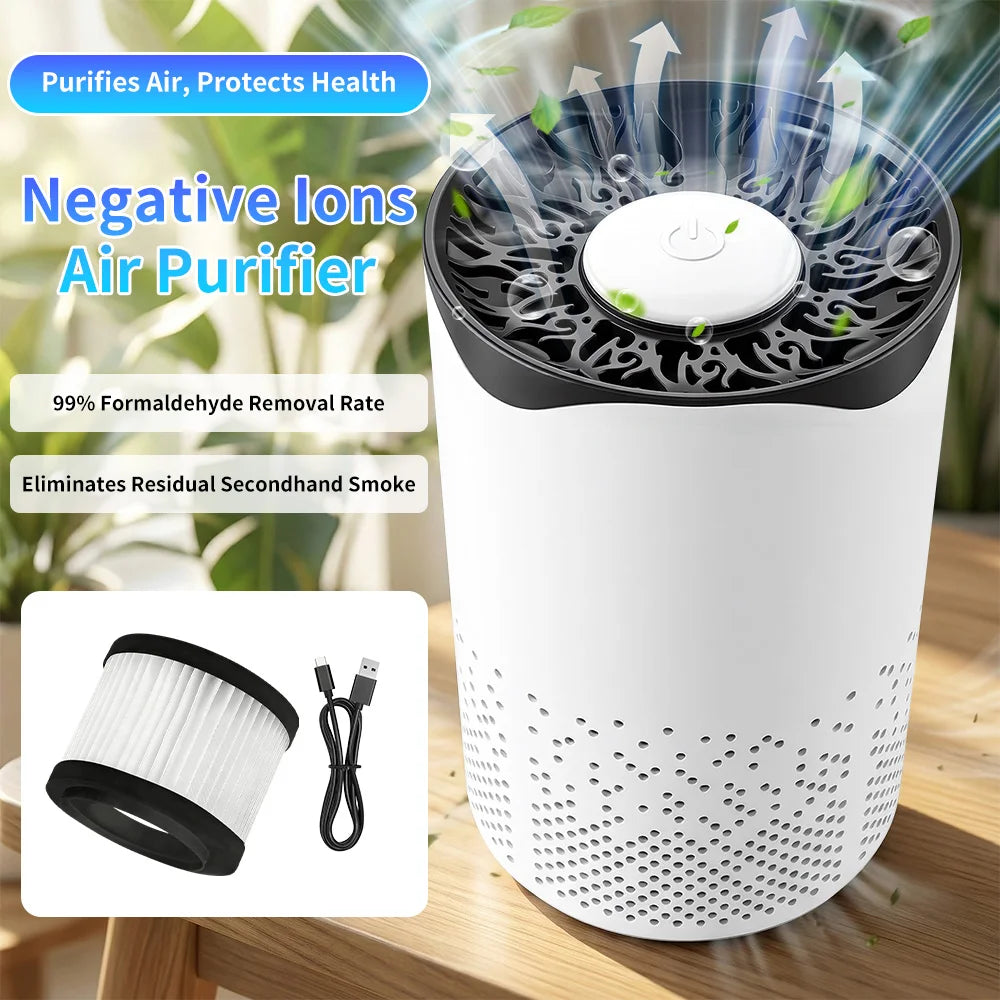 Purificador de aire portátil con iones negativos, alta eficiencia en la eliminación de formaldehído, humo y polvo, mini purificador USB para el hogar, mascotas y dormitorio