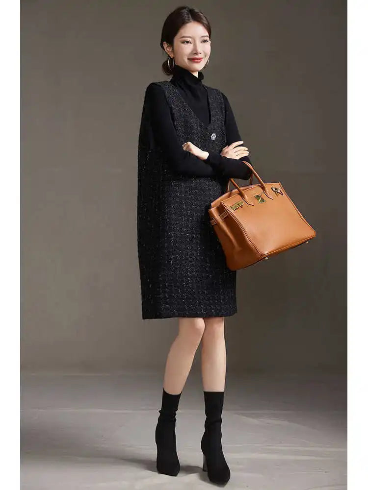 Bright Silk Small Fragrant Style Vest Dress for Women's European Station Trendy Spring Autumn Plus Size Mid Size Skirt Dresses